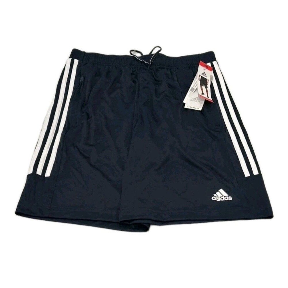 Adidas 3 Stripe Men’s M Active Drawstring Shorts + Zipper Pockets Aeroready Navy - Picture 5 of 9